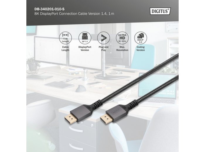 Kabel połączeniowy PREMIUM DisplayPort 8K60Hz UHD DP/DP M/M 1m Czarny