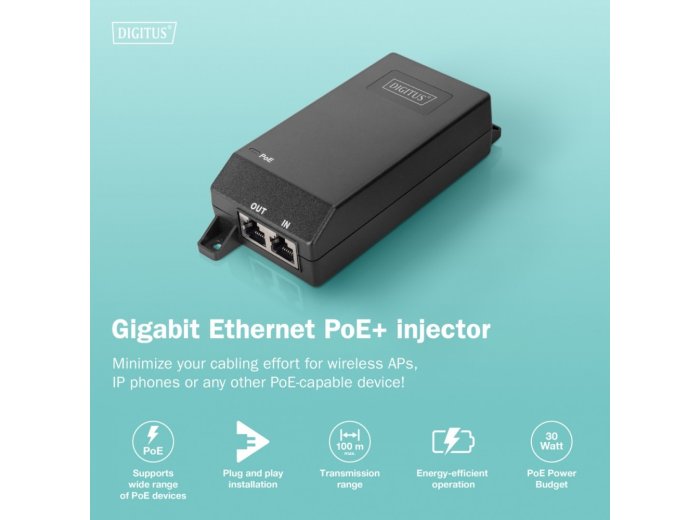 Zasilacz/Adapter PoE+ 802.3at aktywny max. 55V 30W 10/100/1000Mbps, transmisja do 100m
