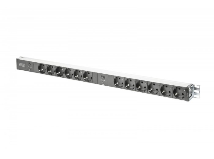 Listwa zasilająca PDU 19" RACK, 12x gniazdo Schuko, 2x 2m wtyk Unischuko, 16A, zabezpieczenie przeciążeniowe, profil aluminiowy