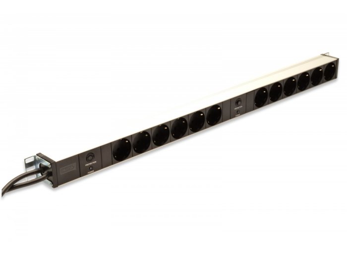 Listwa zasilająca PDU 19" RACK, 12x gniazdo Schuko, 2x 2m wtyk Unischuko, 16A, zabezpieczenie przeciążeniowe, profil aluminiowy