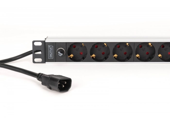Listwa zasilająca PDU Rack 19" z bezpiecznikiem przeciążeniowym, 9 gniazd Schuko CEE 7/3 (45°), kabel 2m wtyk IEC C14, 10A, aluminiowa