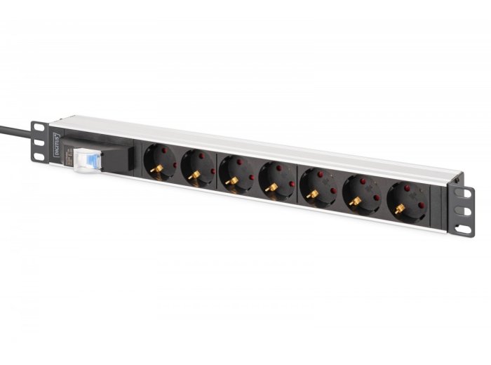 Listwa zasilająca PDU Rack 19" z wyłącznikiem nadprądowym Typ C 16A, 7 gniazd Schuko CEE 7/3 (45°), kabel 1,8m wtyk Unischuko CEE 7/7, 16A, aluminiowa
