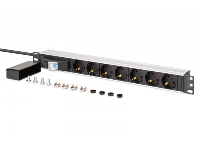 Listwa zasilająca PDU Rack 19" z wyłącznikiem nadprądowym Typ C 16A, 7 gniazd Schuko CEE 7/3 (45°), kabel 1,8m wtyk Unischuko CEE 7/7, 16A, aluminiowa