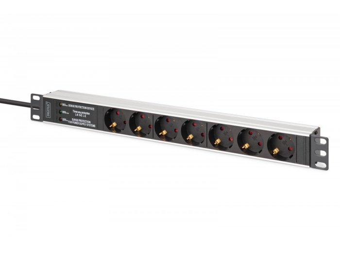 Listwa zasilająca PDU Rack 19" z zabezpieczeniem przeciwprzepięciowym + filtr EMI/RFI, 7 gniazd Schuko CEE 7/3, kabel 2m, wtyk Unischuko CEE 7/7, 16A,