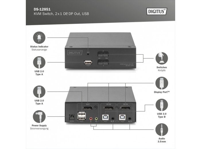 Przełącznik KVM, 2 portowy, 4K 60Hz, 2xDisplayPort IN, 1xDisplayPort OUT, 2xUSB, 2xAudio IN&OUT