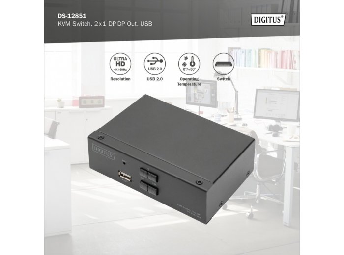 Przełącznik KVM, 2 portowy, 4K 60Hz, 2xDisplayPort IN, 1xDisplayPort OUT, 2xUSB, 2xAudio IN&OUT