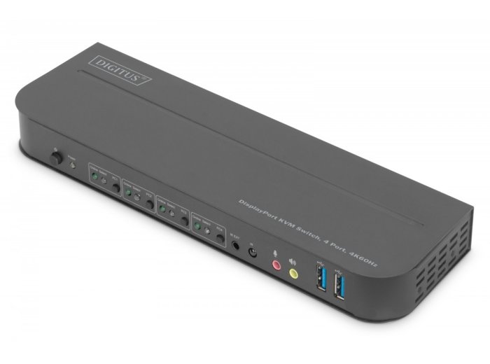 Przełącznik KVM, 4 portowy, 4K 60Hz, 4x DP IN, 1x DP OUT, 1x HDMI OUT, 2x USB A, 1x Audio IN&OUT