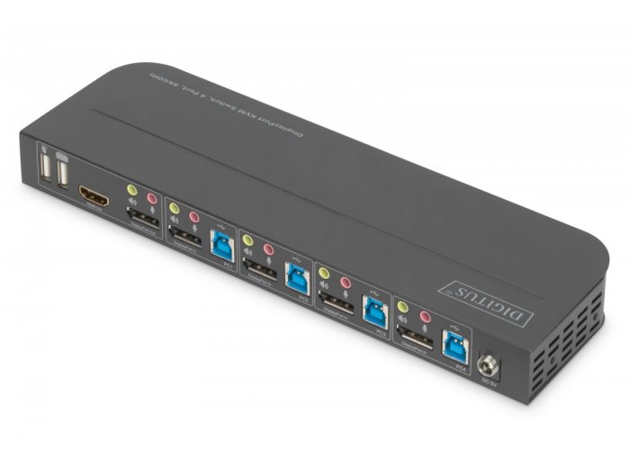 Przełącznik KVM, 4 portowy, 4K 60Hz, 4x DP IN, 1x DP OUT, 1x HDMI OUT, 2x USB A, 1x Audio IN&OUT