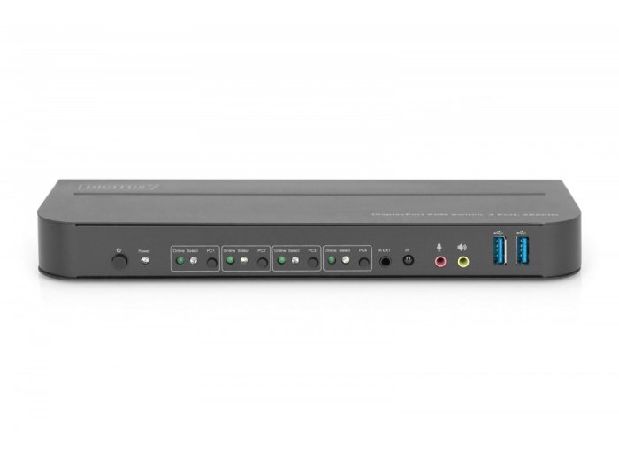 Przełącznik KVM, 4 portowy, 4K 60Hz, 4x DP IN, 1x DP OUT, 1x HDMI OUT, 2x USB A, 1x Audio IN&OUT