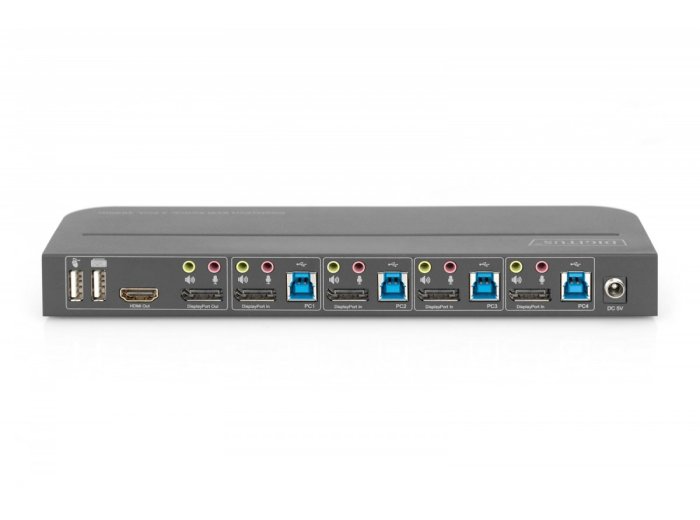 Przełącznik KVM, 4 portowy, 4K 60Hz, 4x DP IN, 1x DP OUT, 1x HDMI OUT, 2x USB A, 1x Audio IN&OUT