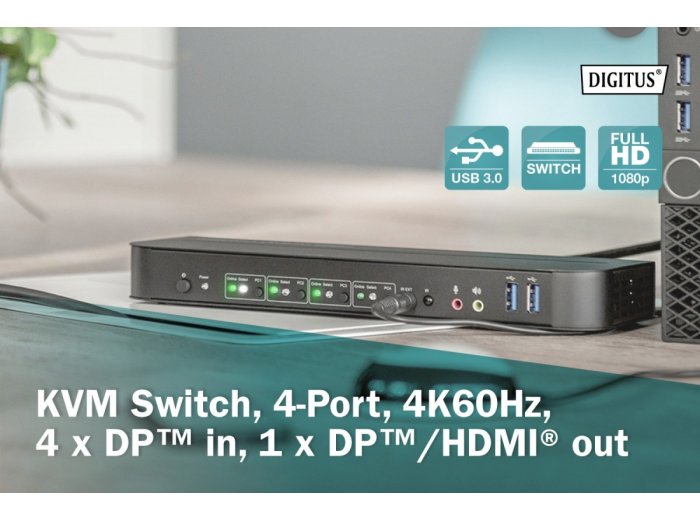 Przełącznik KVM, 4 portowy, 4K 60Hz, 4x DP IN, 1x DP OUT, 1x HDMI OUT, 2x USB A, 1x Audio IN&OUT