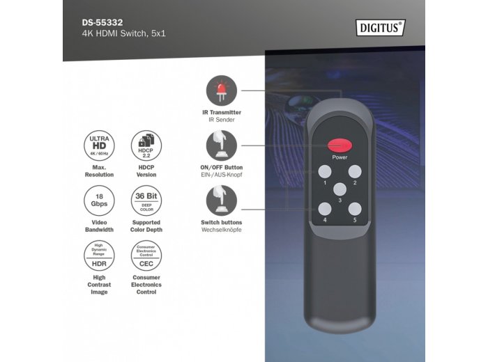 Przełącznik/Switch 4K HDMI 5x1, 60Hz HDCP 2.3, pilot, Czarny