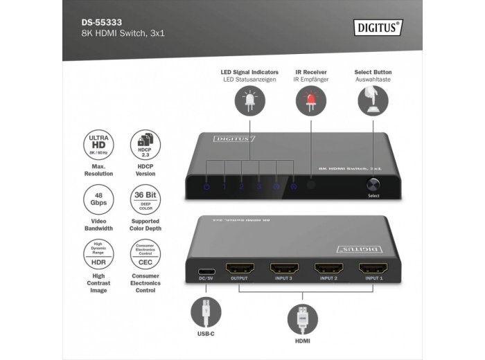 Przełącznik/Switch 8K HDMI 3x1, 60Hz (4:4:4), HDR, HDCP 2.3, pilot, Czarny