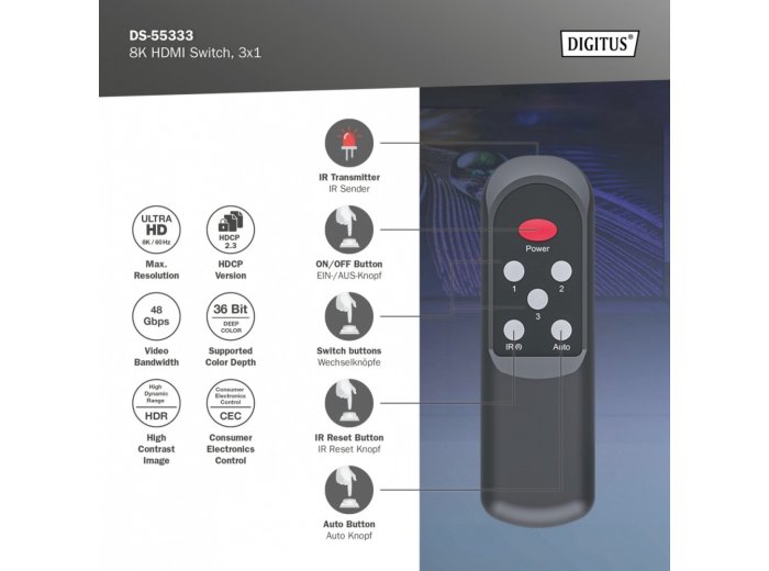 Przełącznik/Switch 8K HDMI 3x1, 60Hz (4:4:4), HDR, HDCP 2.3, pilot, Czarny