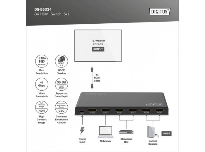 Przełącznik/Switch 8K HDMI 5x1, 60Hz (4:4:4), HDR, HDCP 2.3, pilot, Czarny