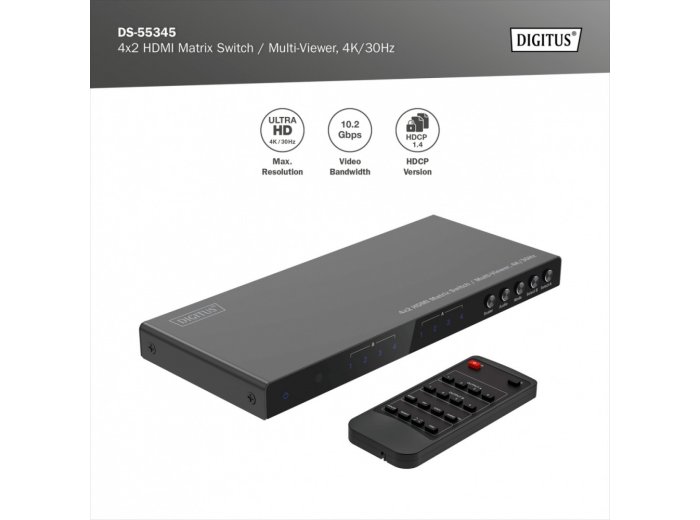 Przełącznik/Matrix HDMI 4/2-porty 4K/30Hz UHD HDCP 1.4 audio z pilotem