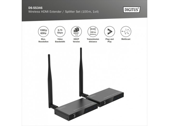 Przedłużacz/Extender splitter HDMI bezprzewodowy 100m 1080p 60Hz FHD 5GHz HDCP 1.3 (zestaw)