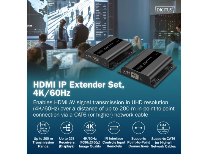 Przedłużacz (extender) po skrętce kat.6 HDMI 4K/60Hz przez IP 1G lub do 120m/200m, max. 253 odbiorniki, sterowanie IR - zestaw (odbiornik/nadajnik)