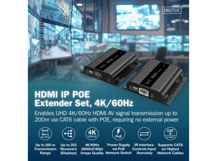 Przedłużacz (extender) po skrętce kat.6 HDMI 4K/60Hz przez IP 1G lub do 120m/200m z PoE, max. 253 odbiorniki, sterowanie IR - zestaw