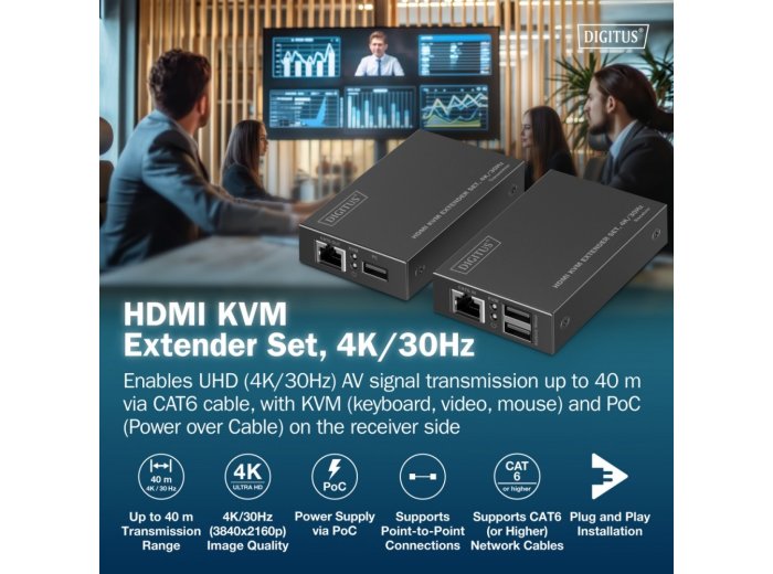 Przedłużacz (extender) po skrętce kat.6 HDMI 4K/30Hz z KVM USB 1.1 do 40m/70m, max. 253 odbiorniki, sterowanie IR - zestaw (odbiornik/nadajnik)