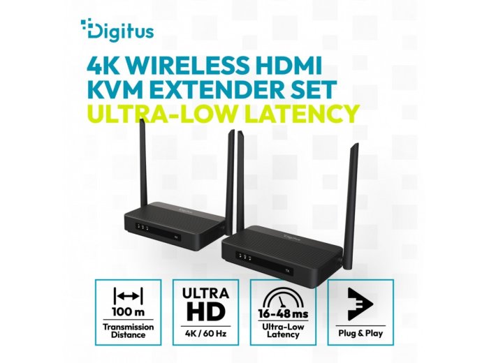 Przedłużacz / Extender HDMI bezprzewodowy z KVM do 100m | UHD 4K@60Hz | Audio | Niskie opóźnienie 16ms (Zestaw)