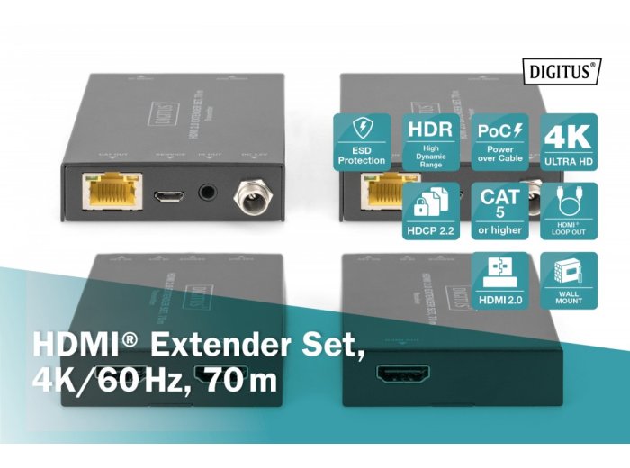 Przedłużacz / Extender HDMI 70m po skrętce kat.5e/6/7 4K 60Hz PoC (Power over Cable) (zestaw)
