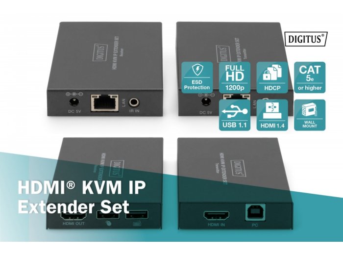 Przedłużacz / Extender KVM HDMI+USB 150m po kat.5e UTP/IP 1080p FHD 60Hz audio (zestaw)