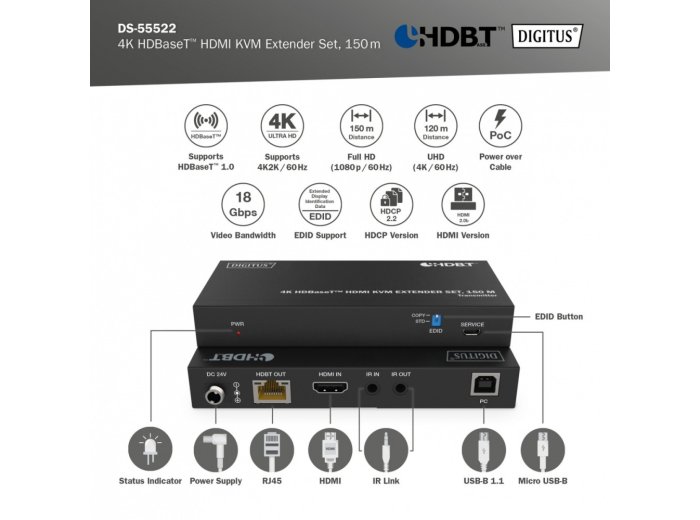 Przedłużacz/Extender HDMI 4K 60Hz 150m po skrętce Cat.6A/7/8 HDBaseT HDCP2.2 IR EDID PoC, zestaw
