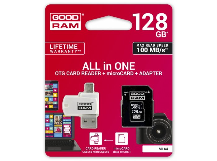 Karta pamięci microSDHC 128GB CL10 + adapter + czytnik