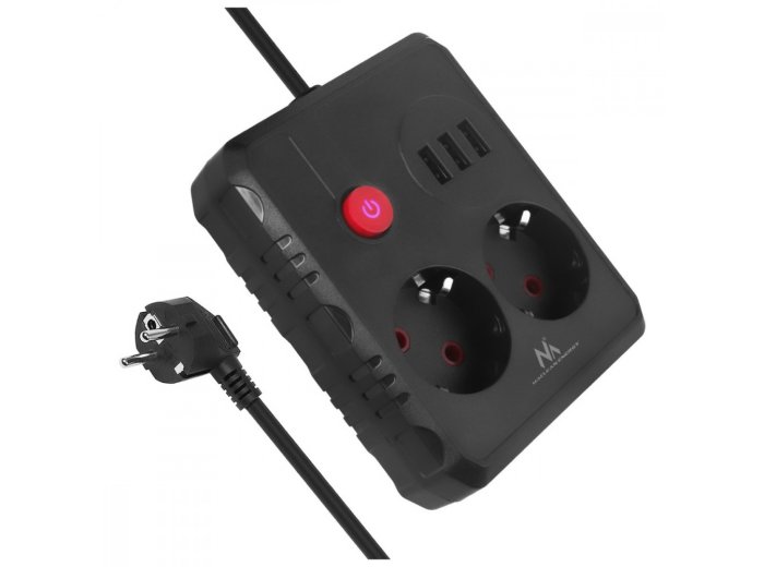 Listwa zasilająca MCE387 B 2 gniazda 3xUSB, 110-240V AC 50/60Hz 2,1A max 2500W, 1,5m czarna