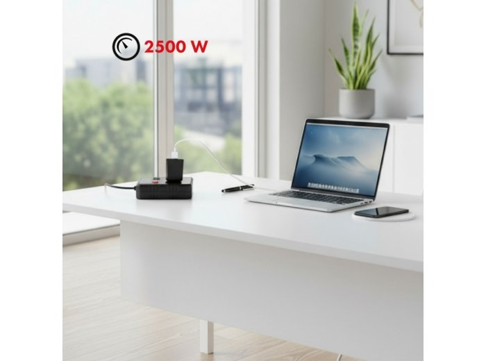 Listwa zasilająca MCE387 B 2 gniazda 3xUSB, 110-240V AC 50/60Hz 2,1A max 2500W, 1,5m czarna