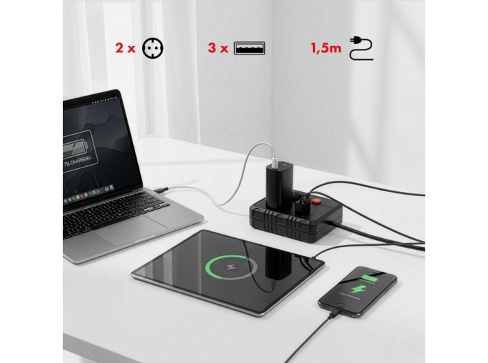 Listwa zasilająca MCE387 B 2 gniazda 3xUSB, 110-240V AC 50/60Hz 2,1A max 2500W, 1,5m czarna