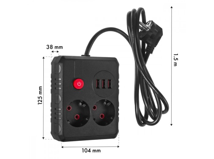 Listwa zasilająca MCE387 B 2 gniazda 3xUSB, 110-240V AC 50/60Hz 2,1A max 2500W, 1,5m czarna
