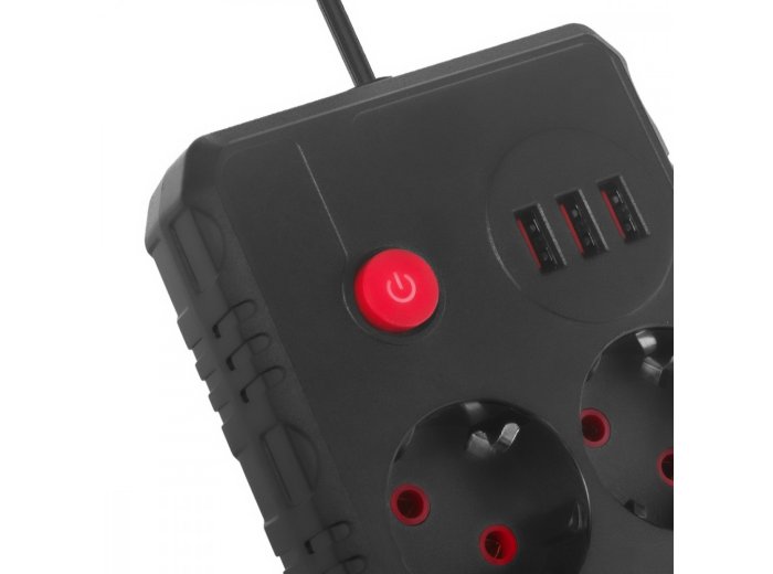Listwa zasilająca MCE387 B 2 gniazda 3xUSB, 110-240V AC 50/60Hz 2,1A max 2500W, 1,5m czarna