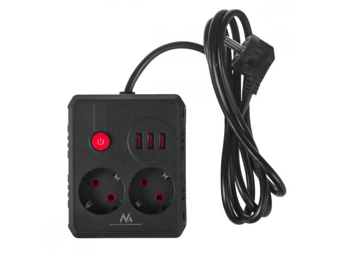 Listwa zasilająca MCE387 B 2 gniazda 3xUSB, 110-240V AC 50/60Hz 2,1A max 2500W, 1,5m czarna