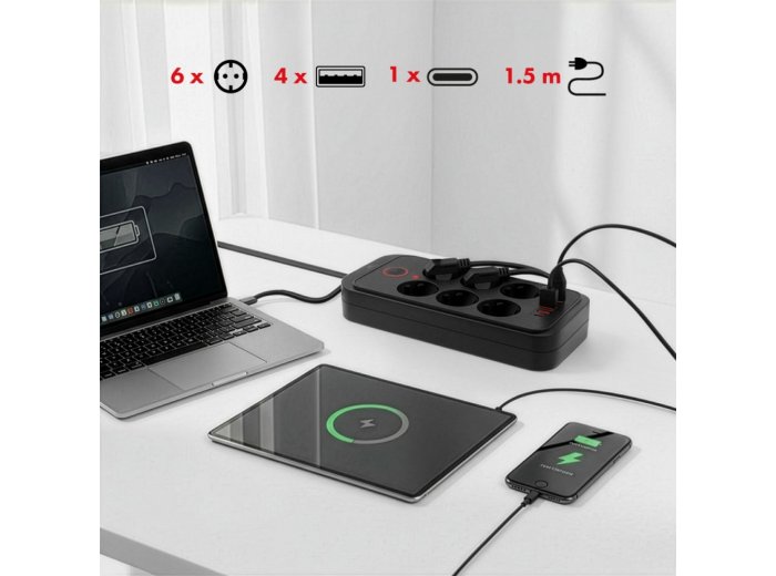 Listwa zasilająca MCE389 B 6 gniazd 4xUSB-A, 1xUSB-C 110-240V AC 50/60Hz, 2.1A max 2500W, czarna
