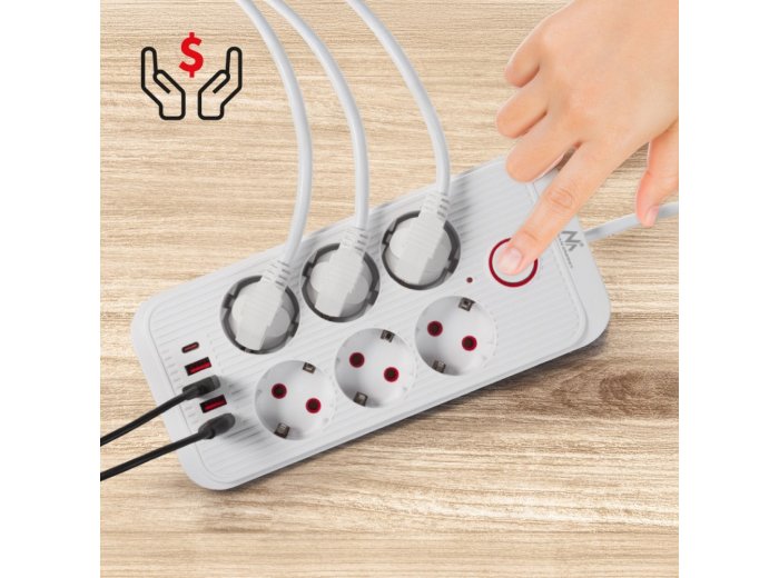 Listwa zasilająca MCE389 W 6 gniazd 4xUSB-A 1xUSB-C 110-240V, AC 50/60Hz, 2.1A max 2500W biała