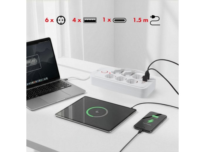 Listwa zasilająca MCE389 W 6 gniazd 4xUSB-A 1xUSB-C 110-240V, AC 50/60Hz, 2.1A max 2500W biała