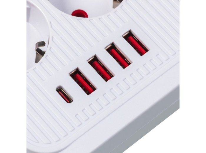 Listwa zasilająca MCE389 W 6 gniazd 4xUSB-A 1xUSB-C 110-240V, AC 50/60Hz, 2.1A max 2500W biała