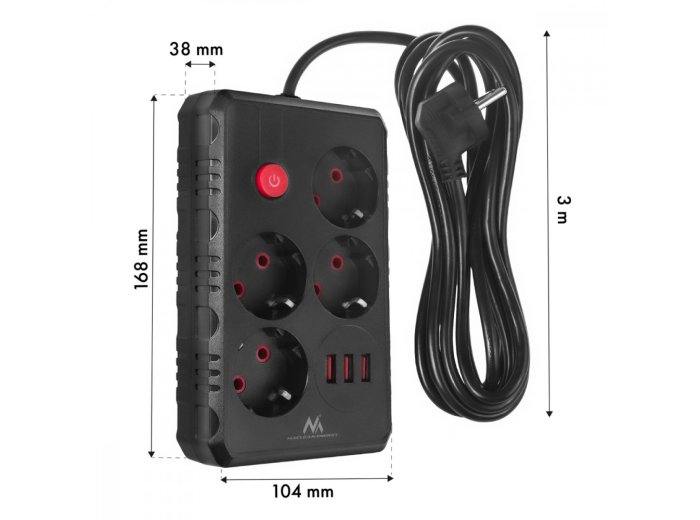 Listwa zasilająca MCE393 B 4 gniazda 3xUSB 110-240V AV 50/60Hz 1A max 2500W 3m czarna