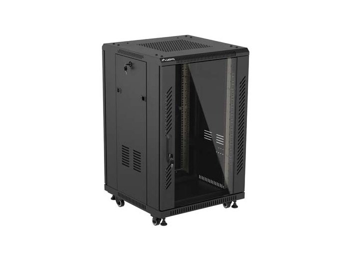 Szafa instalacyjna rack stojąca 19 cali 18U 600x600 drzwi przeszklone (Flat pack) czarna