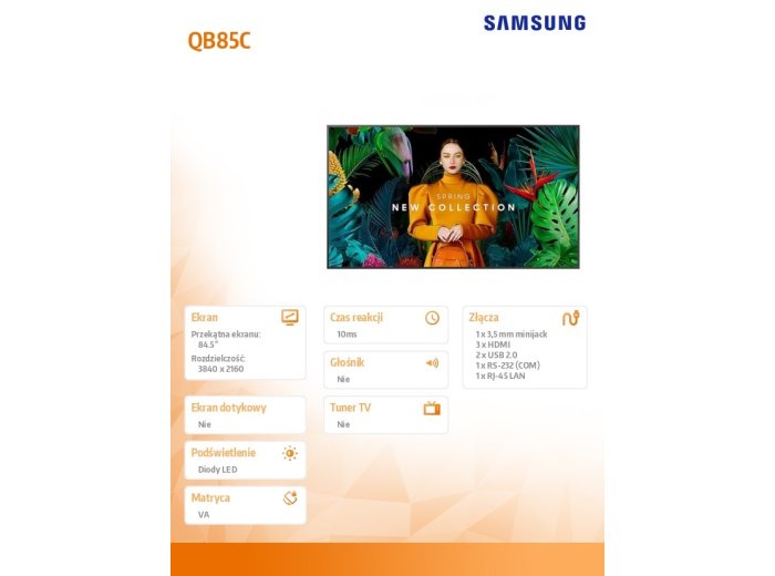 Monitor profesjonalny  QB85C 85 cali Błyszczący 16h/7 350(cd/m2) 3840x2160 (UHD) S10 Player (Tizen 7, VXT Ready) Wi-Fi/BT 3 lata On-Site (LH85QBCEBGCX