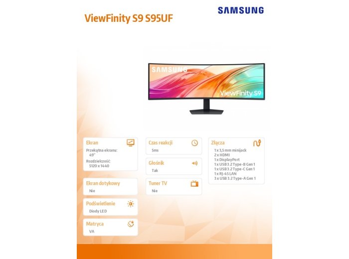 Monitor 49 cali ViewFinity S95UF VA 5120x1440 DQHD 32:9 2xHDMI 1xDP 1xUSB-C 1xUSB-B 3xUSB-A 5ms 120Hz zakrzywiony głośniki 3YOn-site (LS49F950UAUXEN)