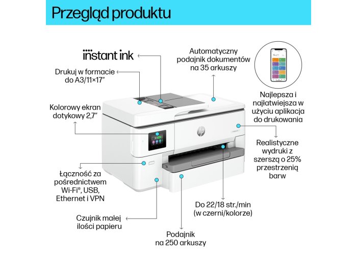 HP OfficeJet Pro 9720e Bezprzewodowe All-in-One W kolorze Drukarka, Drukowanie dwustronne; Kopiowanie, skanowanie
