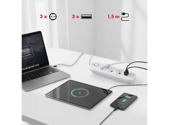 Listwa zasilająca MCE394 W 3 gniazda 3xUSB, 110-240V AC 50/60, 2.1A max 2500W, biała