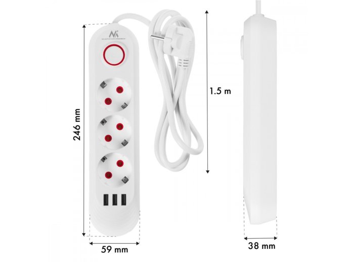 Listwa zasilająca MCE394 W 3 gniazda 3xUSB, 110-240V AC 50/60, 2.1A max 2500W, biała