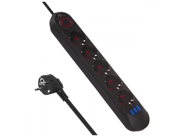 Listwa zasilająca MCE395 B 5 gniazd 3xUSB, 110-240V AC 50/60Hz, 2.1A max 2500W, czarna