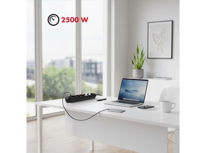 Listwa zasilająca MCE395 B 5 gniazd 3xUSB, 110-240V AC 50/60Hz, 2.1A max 2500W, czarna