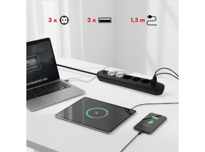 Listwa zasilająca MCE395 B 5 gniazd 3xUSB, 110-240V AC 50/60Hz, 2.1A max 2500W, czarna