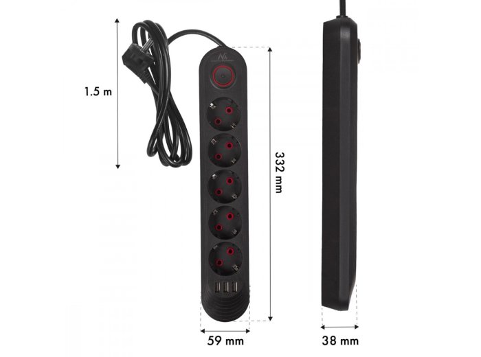Listwa zasilająca MCE395 B 5 gniazd 3xUSB, 110-240V AC 50/60Hz, 2.1A max 2500W, czarna